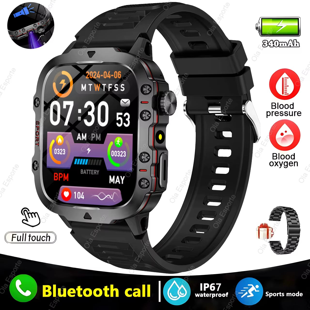 Men's Smartwatch with Flashlight, Bluetooth Calling, and Fitness Tracking - IP68 Waterproof Sports Watch for Xiaomi and Android Devices - 2024 Model