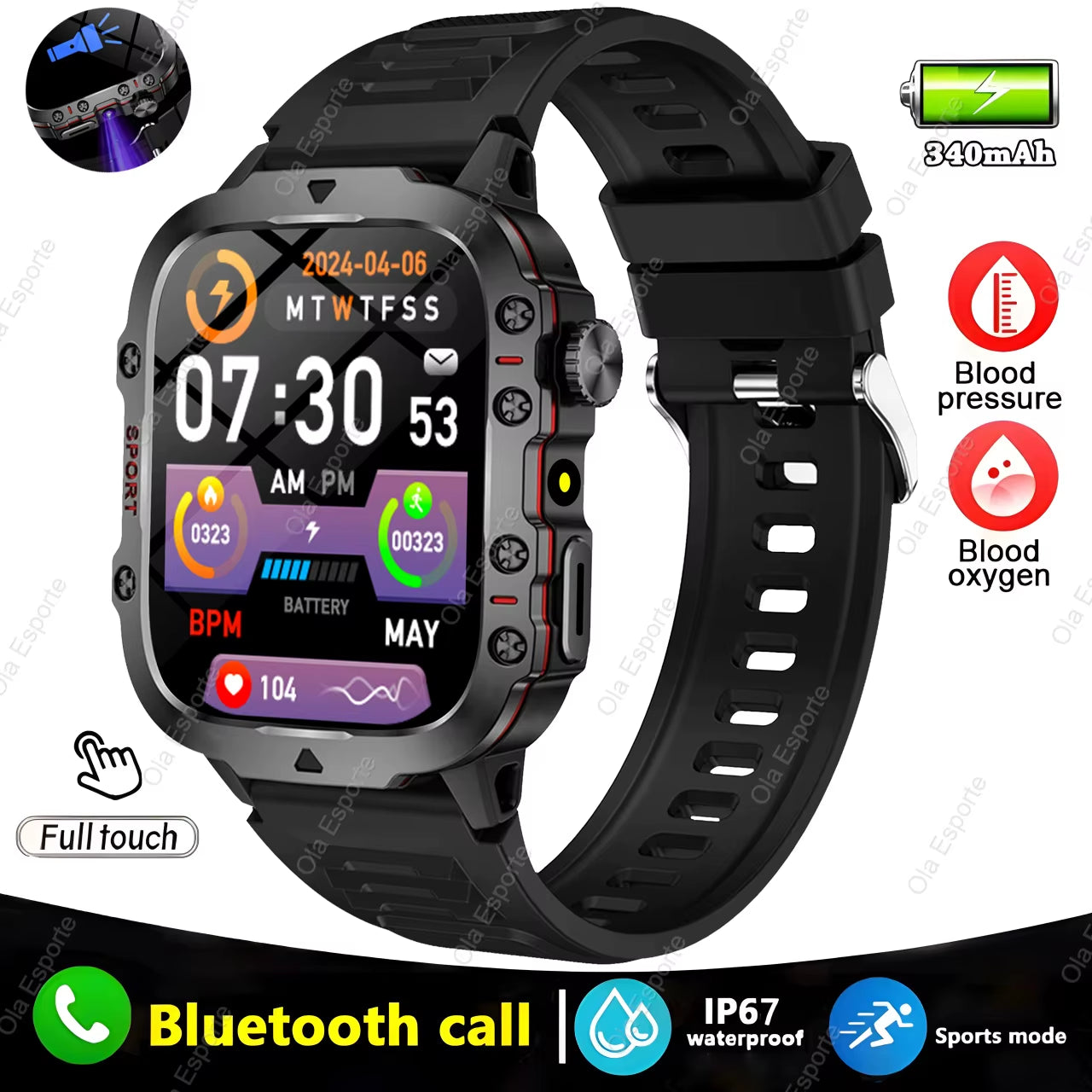 Men's Smartwatch with Flashlight, Bluetooth Calling, and Fitness Tracking - IP68 Waterproof Sports Watch for Xiaomi and Android Devices - 2024 Model