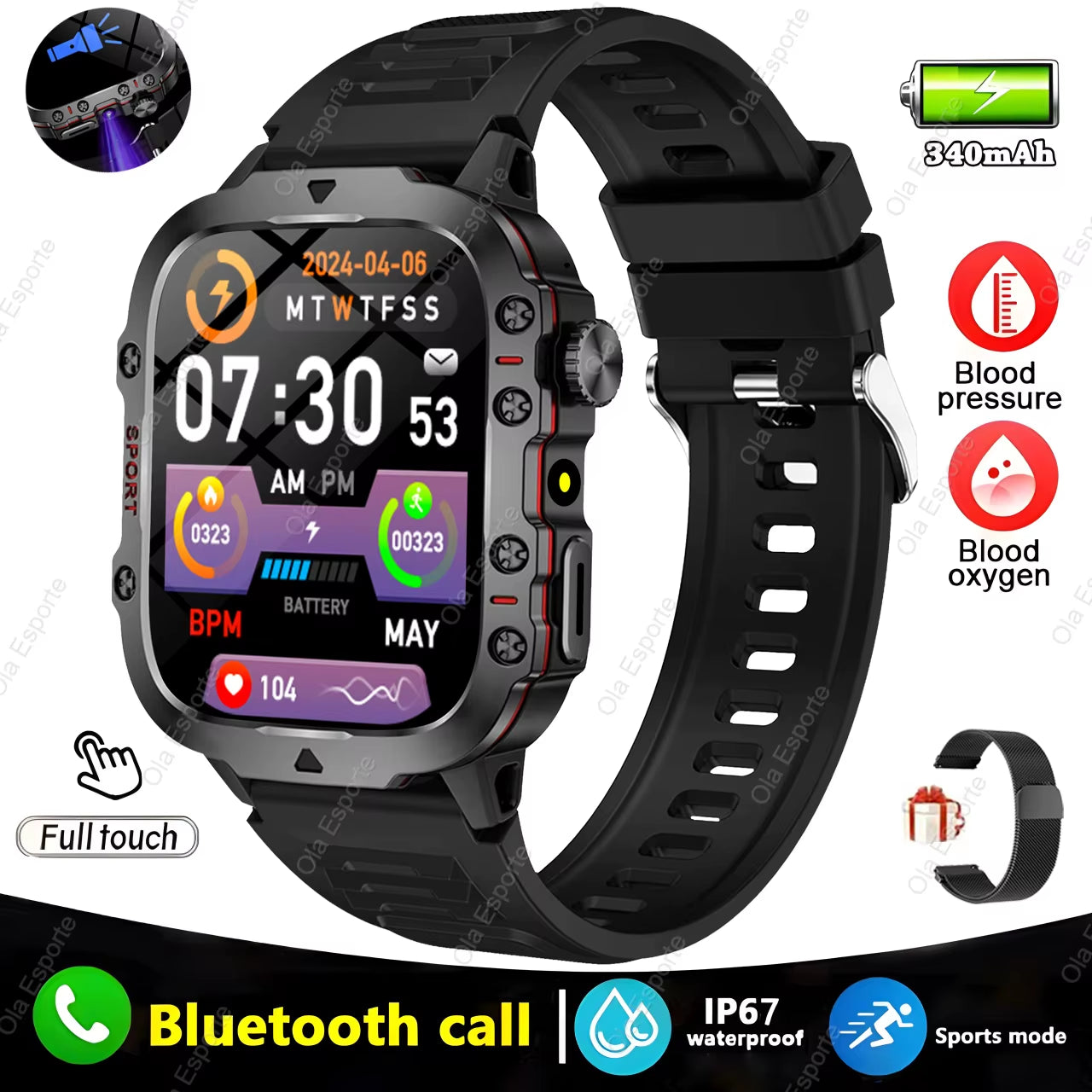 Men's Smartwatch with Flashlight, Bluetooth Calling, and Fitness Tracking - IP68 Waterproof Sports Watch for Xiaomi and Android Devices - 2024 Model
