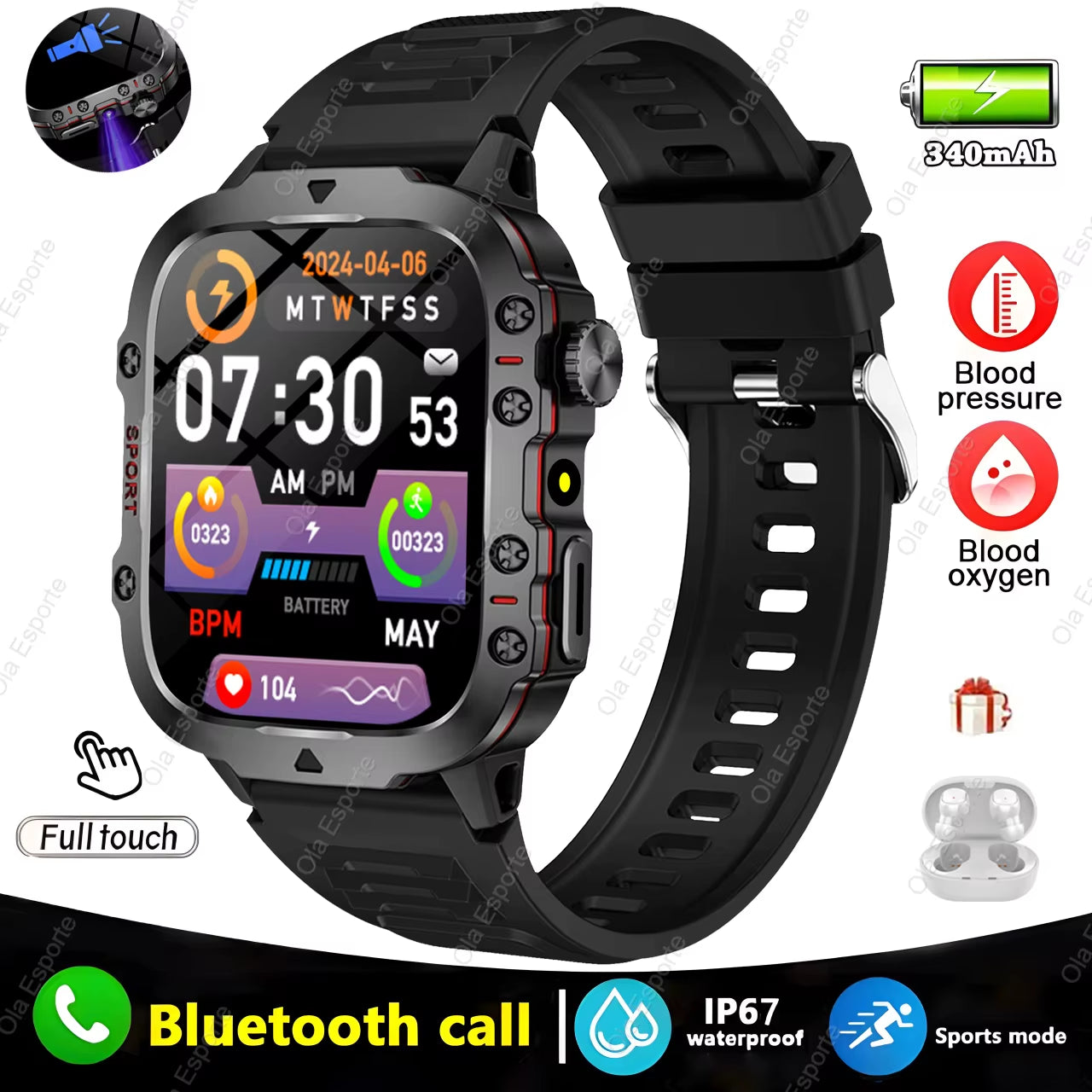 Men's Smartwatch with Flashlight, Bluetooth Calling, and Fitness Tracking - IP68 Waterproof Sports Watch for Xiaomi and Android Devices - 2024 Model